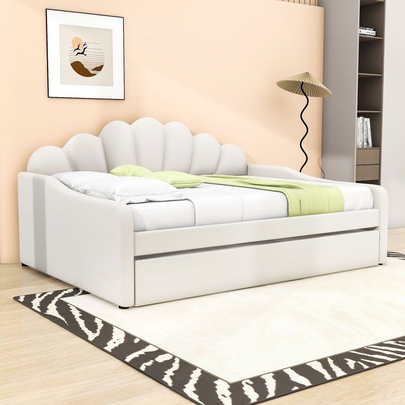 Full Upholstered Daybed Frame with Shell-Shaped Backrest and Twin Trundle, White