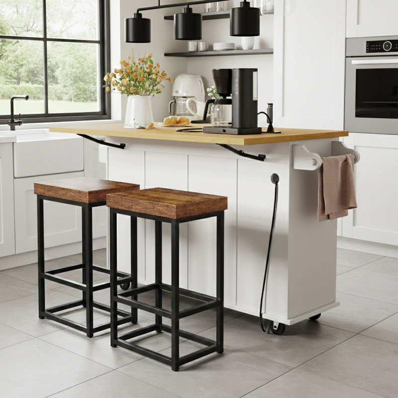 Storage Kitchen Island With Drop Leaf And 2 Seatings And Power Outlet, White