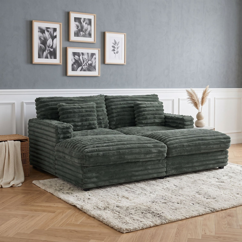 Canapé-lit double avec méridienne moelleuse, revêtement de port USB et deux coussins décoratifs, Sage Green