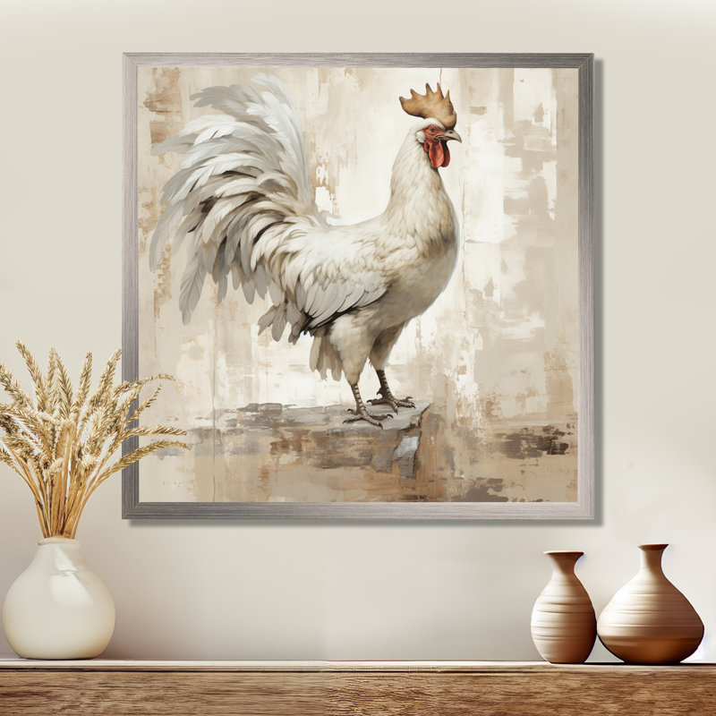 Rustic Rooster Wooden Peck II - Poulet, art mural, Cadre simple argenté, H 36 po x l 36 po x P 1,5 po
