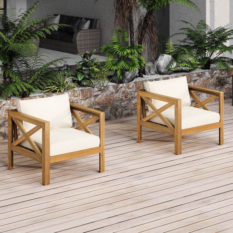 Wood Club Armchair, Of 2, Waterproof Fabric, Finish, Elegant Outdoor Furniture Look, Beige