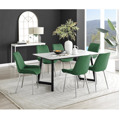 Industrial Design White & Grey Marble Effect Melamine Dining Table Set with 6 Luxury Velvet Chairs