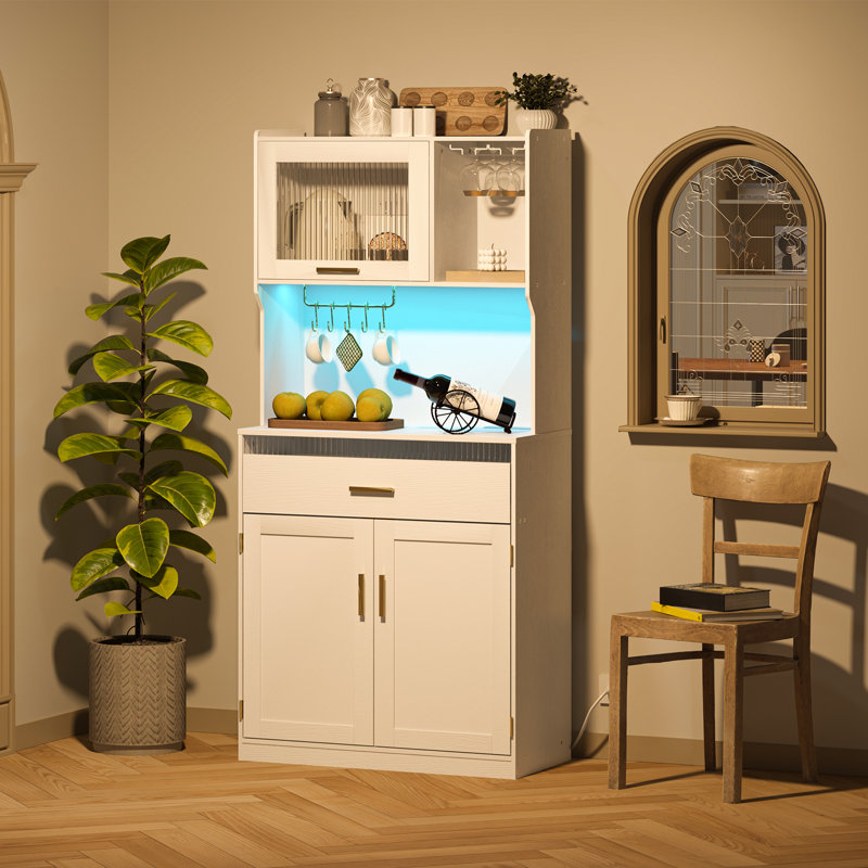 67" LED Kitchen Pantry with Multiple Color Dimmable, 1 Drawer & Large Storage & Countertop