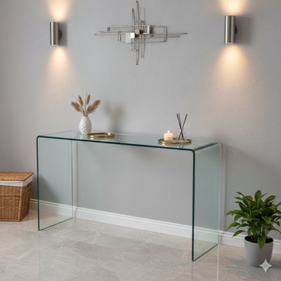 Console en verre, console en verre trempé transparent avec bureau d'angle arrondi, table de canapé