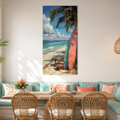 Art mural de palmier tropical CXVU pour décoration murale bord de mer, art mural de photos de plage d'été moderne avec cadre en bois de pin, impressions sur toile à vue verticale sur l'océan pour une décoration tropicale de 24 x 48 pouces