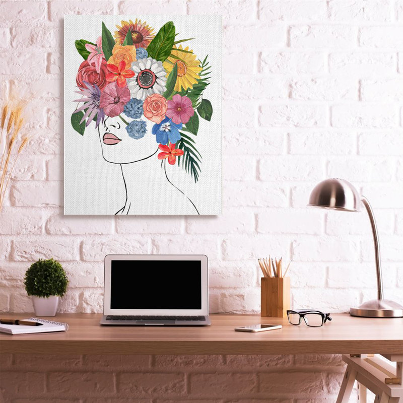 «Femelle S Croquis Portrait Lips MultiColor Floral Arrangement» par Annie Warren - impression d'art graphique, Toile tendue