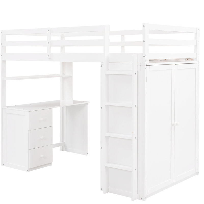 Lit mezzanine simple avec bureau et tiroirs - Blanc. Fabrication pour la longévité. Maximisez votre espace. Garde-robe en bois de pin massif H 65 po x L 78,3 po x L 44 po. Options de rangement.