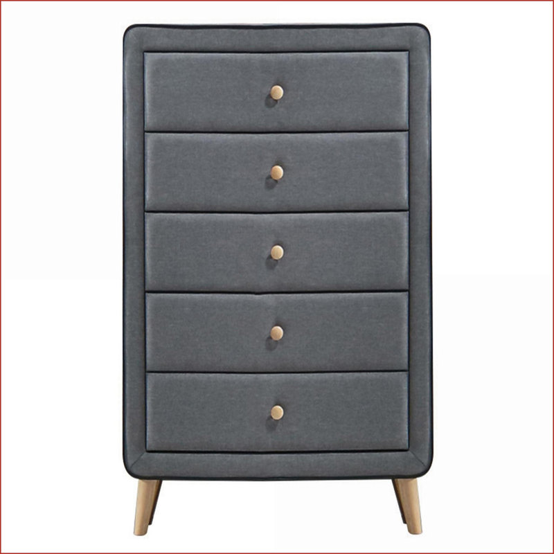 Commodes et amp; Commode rembourrée 5 tiroirs Mid-Century | Gris clair | Bois et tissu