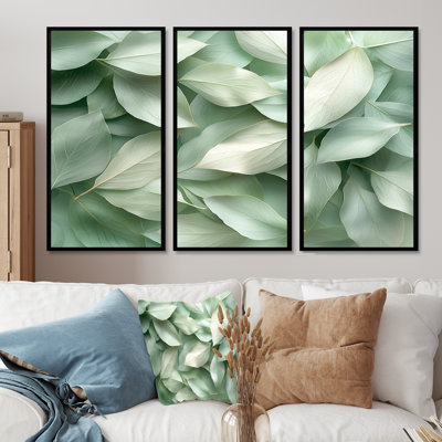 Feuilles de jade monochrome Lush Layers II - feuilles, art mural sur toile - 3 panneaux