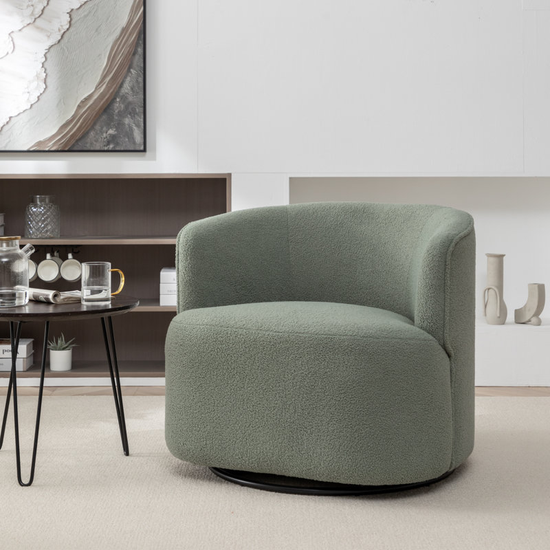 Janeesha Upholstered Swivel Barrel Chair, Green Boucle