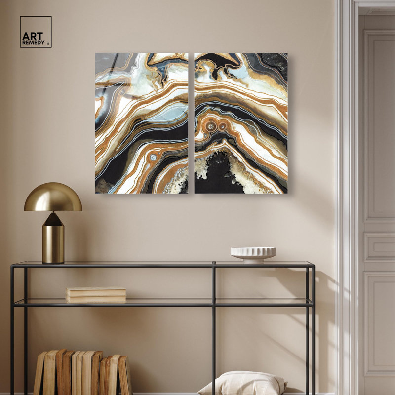 Ensemble de décorations murales abstraites en acrylique noir et or « Geode » par Art Remedy, prêt à  accrocher, 10 x 15