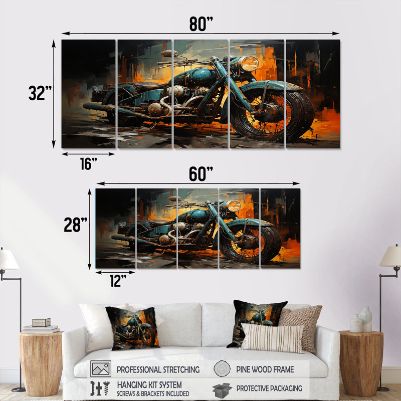Art mural noir pour motocyclette 5 pièces, H 28 po x l 60 po