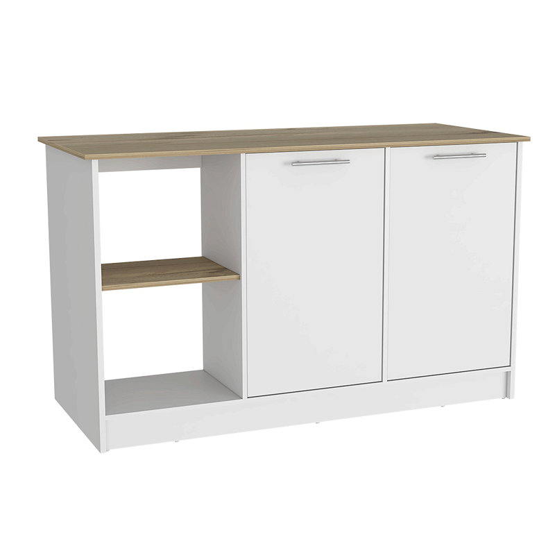 Juniper Kitchen Island with Large Top Surface, Double Door Cabinet, and Open Shelves Black / Ibiza Marble, White/Natural
