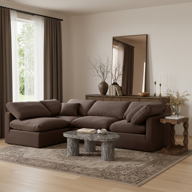 Itala Velvet L-Shaped Sectional Reversible, Brown Velvet