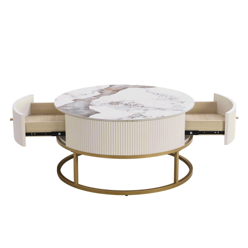 Table basse ronde moderne avec tiroirs, table en marbre avec rangement, table basse