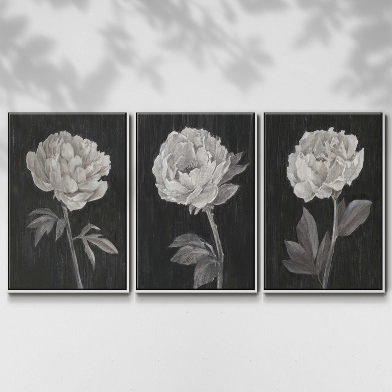 Fleurs noires et blanches I 3 pièces, H 40 po x l 78 po, Blanc