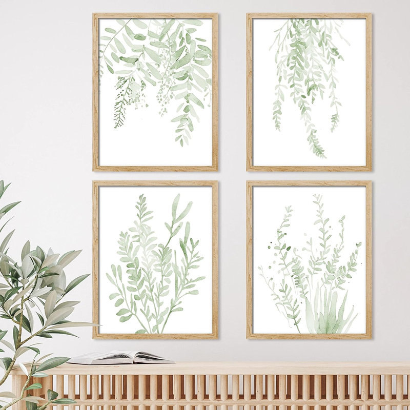 «Minimal Botanical» IDÉE4WALL, art mural variété de feuille de forêt vert pastel encadré, ensemble de 4 impressions de nature sauvage, décoration murale botanique floral pour le salon, impression encadrée de chambre à coucher, 4 pièces