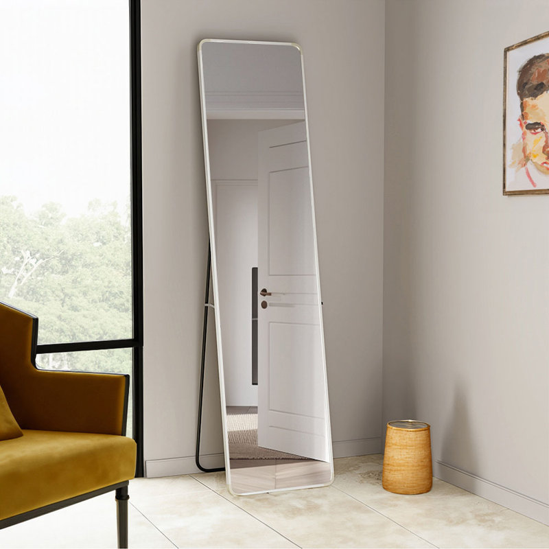 Modern Rectangular Metal Floor Hotel Dressing Mirror, 147 cm H x 37 cm W, White