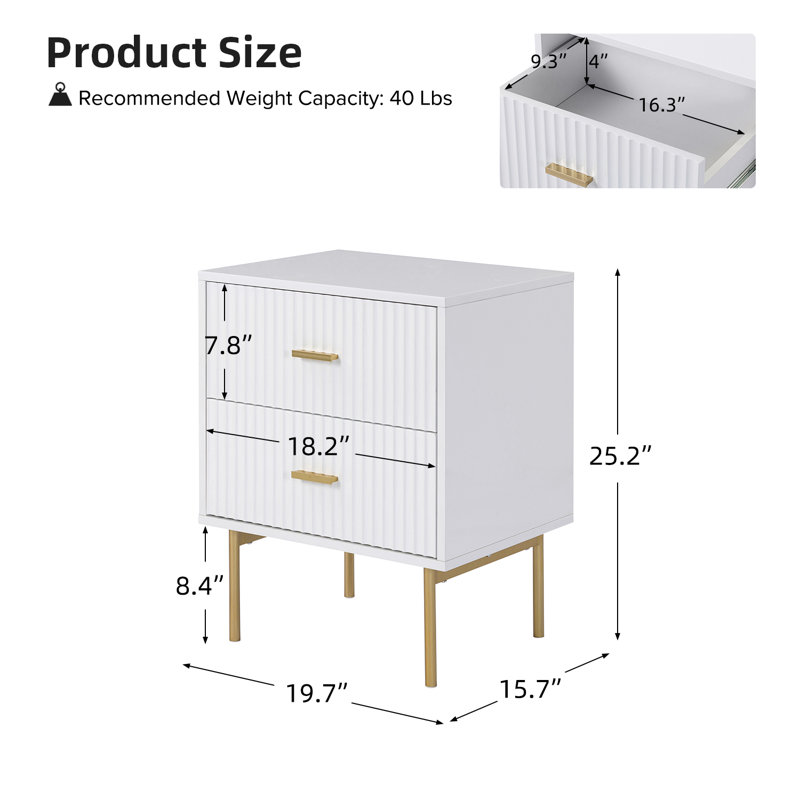  Baran Modern 20''W 2-Drawer End Table with Charging Station, White