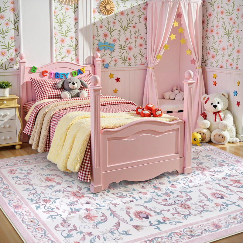  Floral Washable Area Rug Non-Slip Stain Resistant Low-Pile Boho Large Indoor Throw Carpet, Pink, Rectangle 5' x 7'