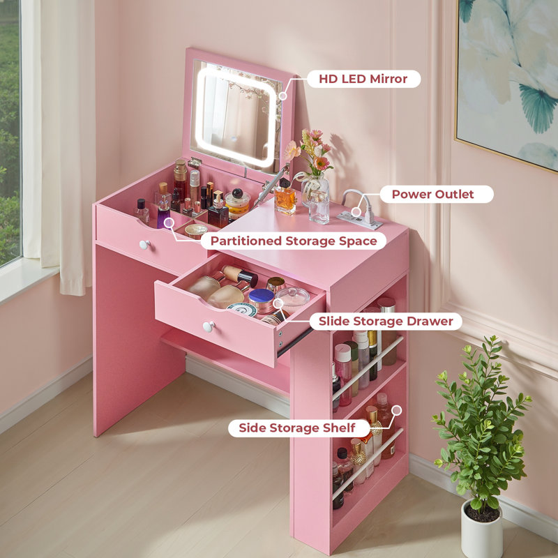 Modern Flip Up Mirror Makeup Vanity, Dressing Desk with Drawer and Open Shelves, Vanity Table With Lighted Mirror And Charging Station for Bedroom, Writing Desk with Hidden Storage