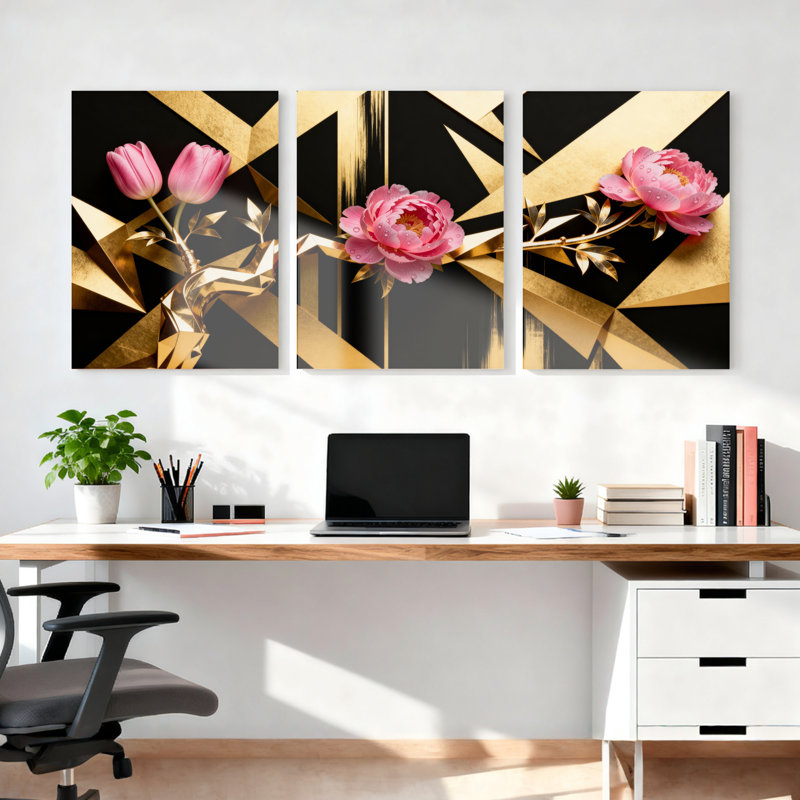 Tableau mural sur toile à motifs floraux géométriques dorés (lot de 3), H 24 po x l 48 po