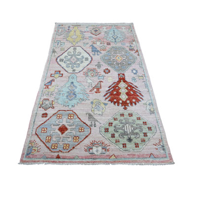 4'x6'2" Crepe Pink, Anatolian Village Inspired with Bird Figurines and Medallions Design, High Mountain Wool, Hand Knotted, Natural Dyes, Oriental Rug
