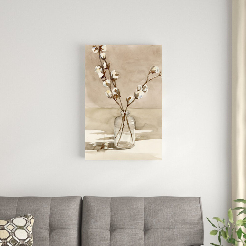 Coton dans un vase en verre - peinture sur toile tendue, H 30 po x l 20 po