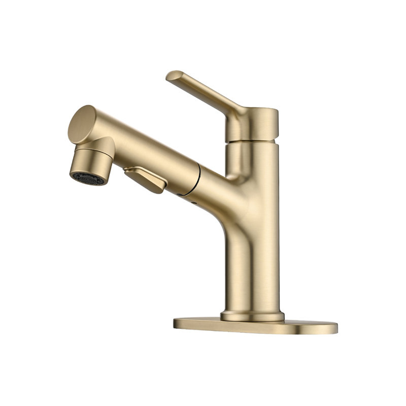 Flexible Pull-out Sprayer Faucet with 3 Function Settings for Bathroom and Kitchen, Widespread Basin Mixer Tap, Brushed Gold
