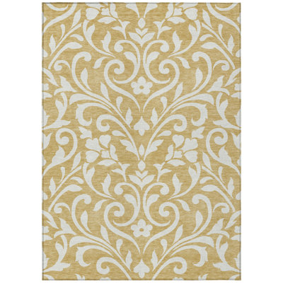 10' X 14' Gold And Beige Floral Washable Indoor Outdoor Area Rug