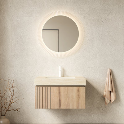 Lavabo de salle de bain flottant 30 po, comptoir en pierre frittée grise, lavabo en céramique avec trou de robinet pré-percé, armoire en contreplaqué, finition chêne blanc, tiroir à fermeture en douceur et lavabo