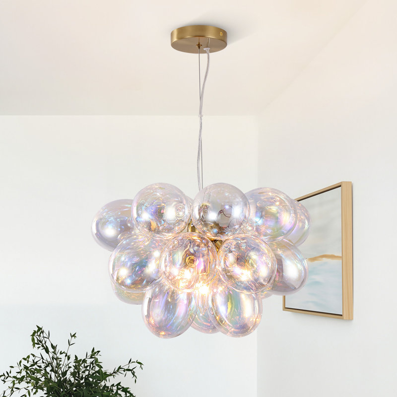 Lustre moderne en laiton 4 lumières avec abat-jour ovales en verre iridescent, Irisée, Laiton