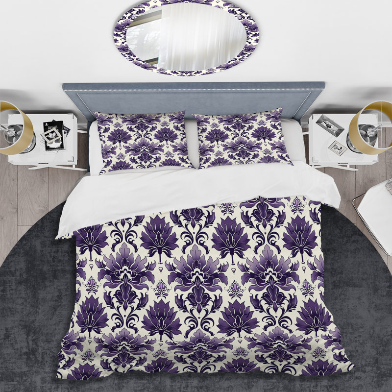 Ensemble de housse de couette moderne mauve blanc damassé Elegance VI, Housse de couette pour grand lit et 2 taies décor