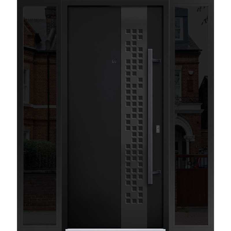 Porte avant en acier pré-suspendue à l'avant / deux fenêtres en émail noir 6078/2 fenêtres latérales extérieures / entrée en métal peint moderne l 12 + 36 + 12 po x H 80 po à gauche