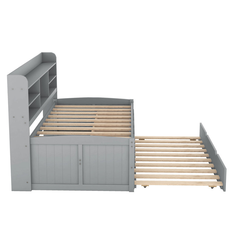 Grey Twin-Size Wooden Captain Bed With Internal Bookshelves, 3 Drawer Storage & Trundle Twin In Gray Built-In Bookcases, Drawers And Included