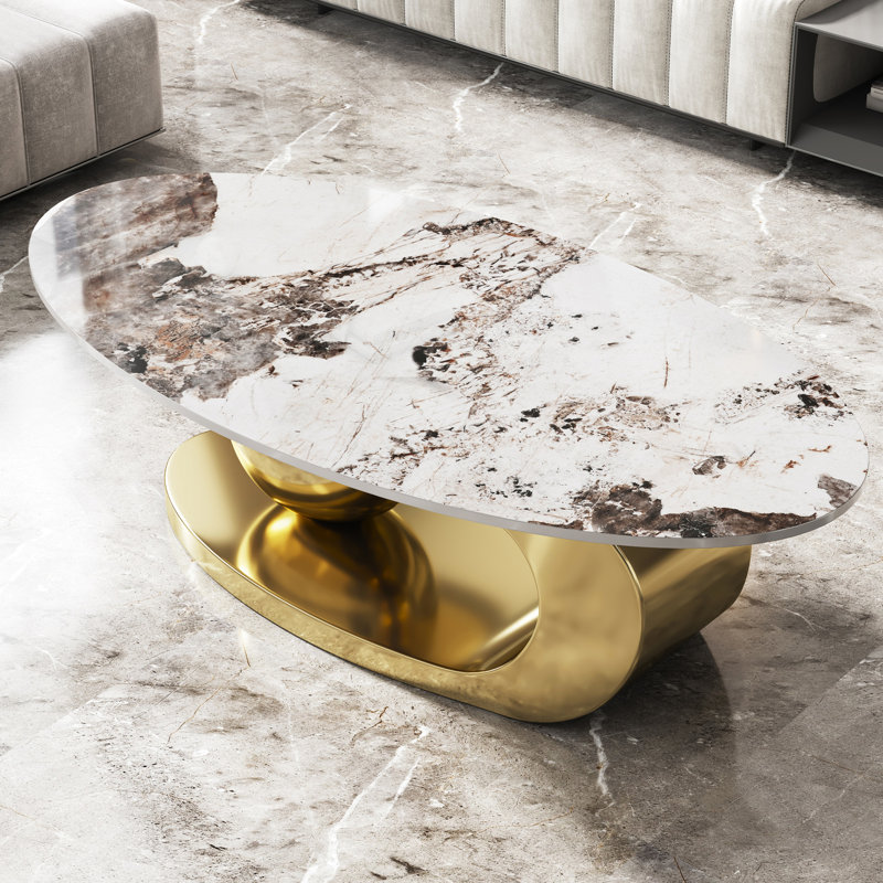 Table basse ovale en faux marbre, 51 pouces de long, base en acier inoxydable avec revêtement, surface moderne de 51,2 po