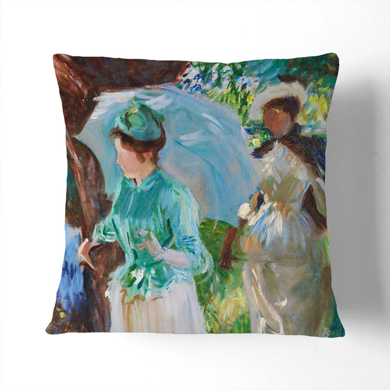 Two Girls With Parasols Square Throw Cushion, 40cm H x 40cm W x 15cm D, Black