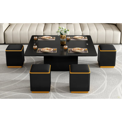 Lift-Top Coffee Table With 4 Storage Stools, Modern Space Saving Center Table With Foldable Top, Multi-Functional Adjustable Coffee Table For Living Room