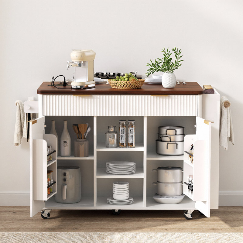 52" Fluted Kitchen Island with Drop-Leaf & Power Outlet, Mobile Cart with Faux Marble Top, 2 Doors & 2 Drawers, Adjustable Shelves