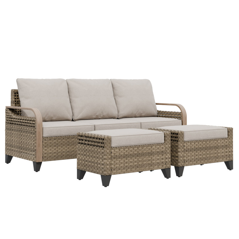 Outdoor Wicker Rattan Patio Sofa with Cushions and Ottomans, Gray