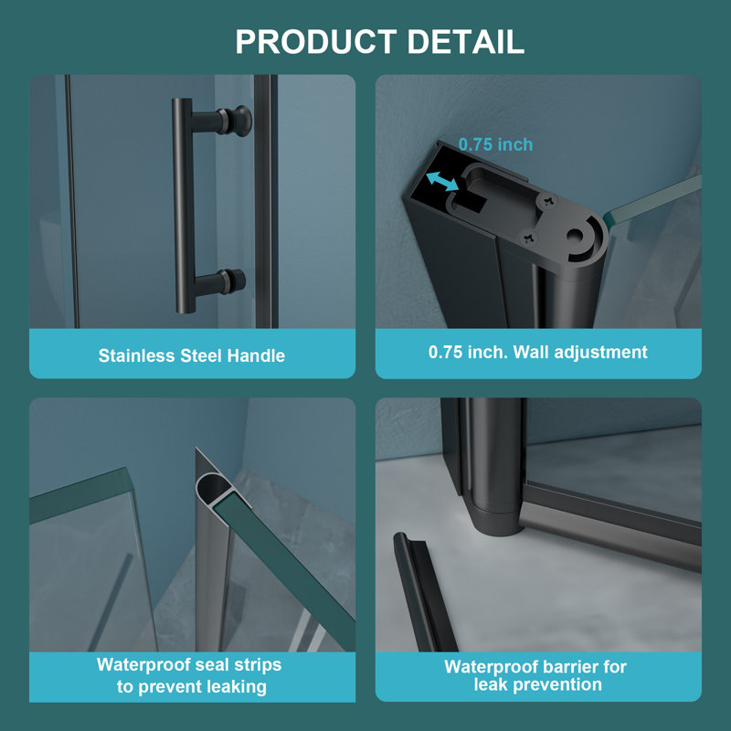 Matte Black Frameless Pivoting Shower Door with Tempered Glass