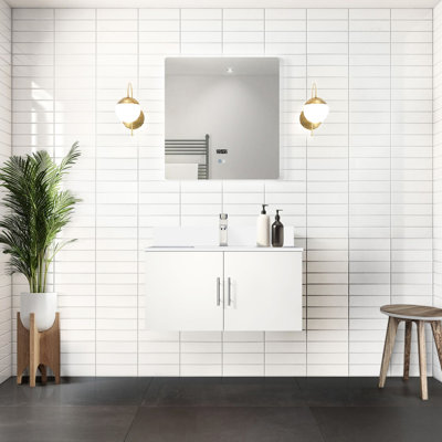 36 po Miroir à DEL et meuble-lavabo blanc brillant avec plateau en marbre de culture - fermeture en douceur, teinture, rangement de salle de bain spacieux,