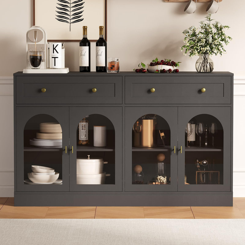 55" Farmhouse Sideboard Buffet Cabinet with Storage, Large Kitchen Buffet Cabinet with 4 Acrylic Doors and 2 Drawers, Black