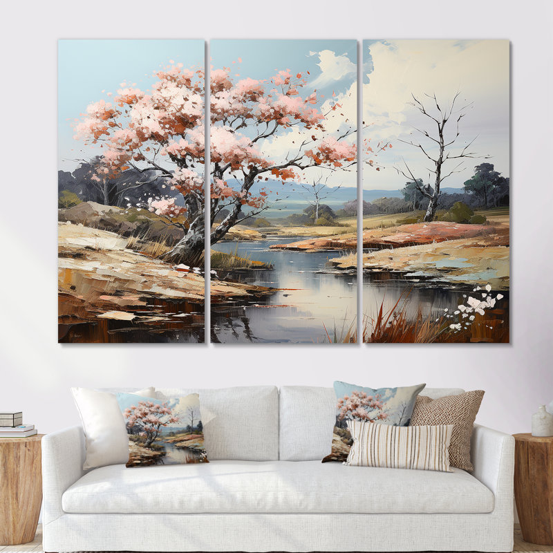 «Pink Trees Blooming In Country Charm» - ensemble d'art mural arbre, Toile tendue, H 40 po x l 60 po x P 1 po