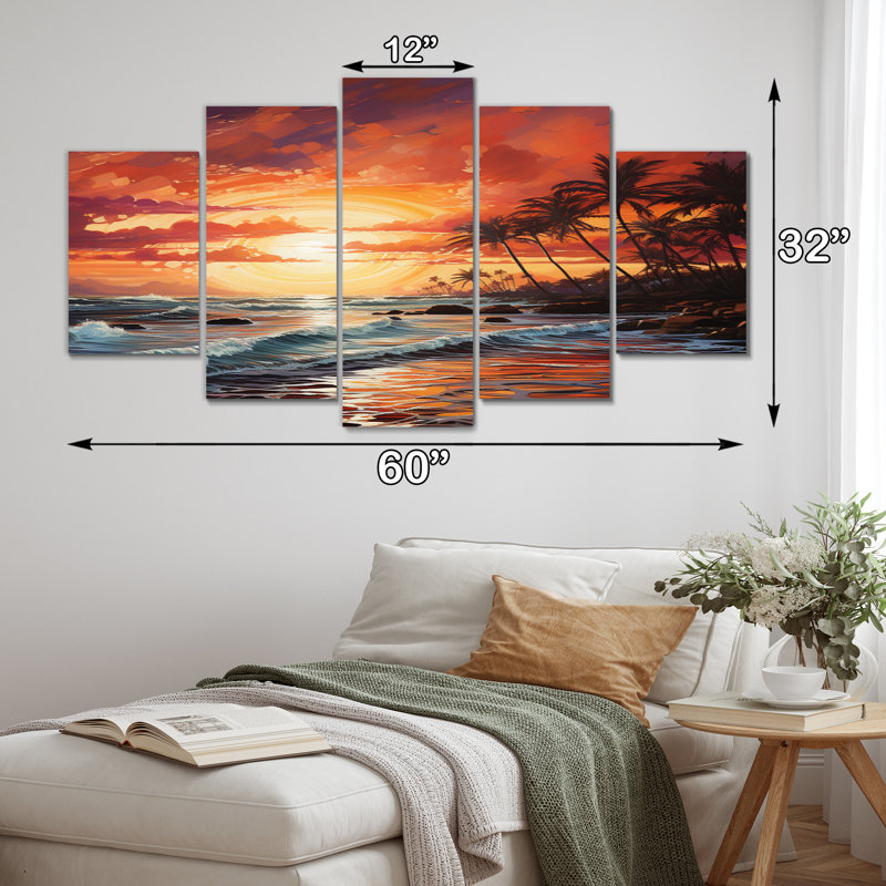 Palm Trees On Colourful Sunset III - Nautical & Beach Canvas Art Print - 5 Panels