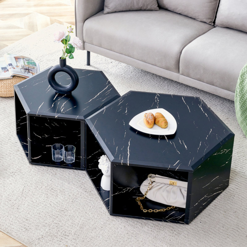 Hexagonal Coffee Table Set.Hexagonal MDF Coffee Table, Multi-Hole Design., Black