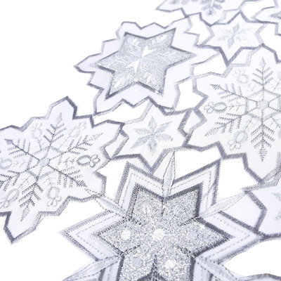 Snowflake Table Runner Christmas Table Decorations White Embroidered 36 Inches Long Sparkle Cutwork Sequin Silver Glitter Table Scarf Shiny Applique Holiday Festive Dining Decor New Year 1 Piece