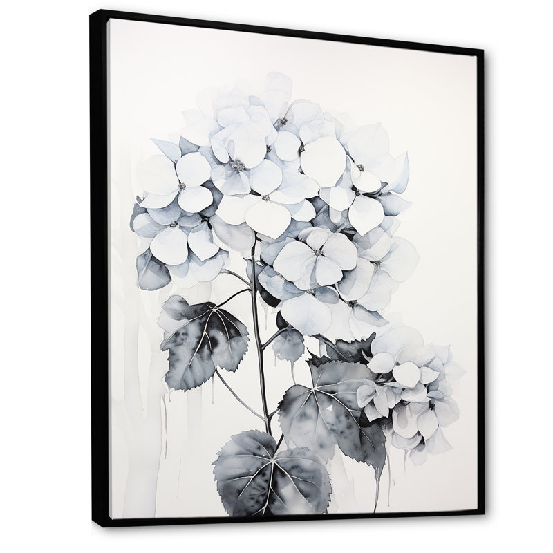 «Grey Minimalisme Hydrangea Delight», reproduction sur toile encadrée, H 32 po x l 16 po x P 1 po, Cadre flottant noir