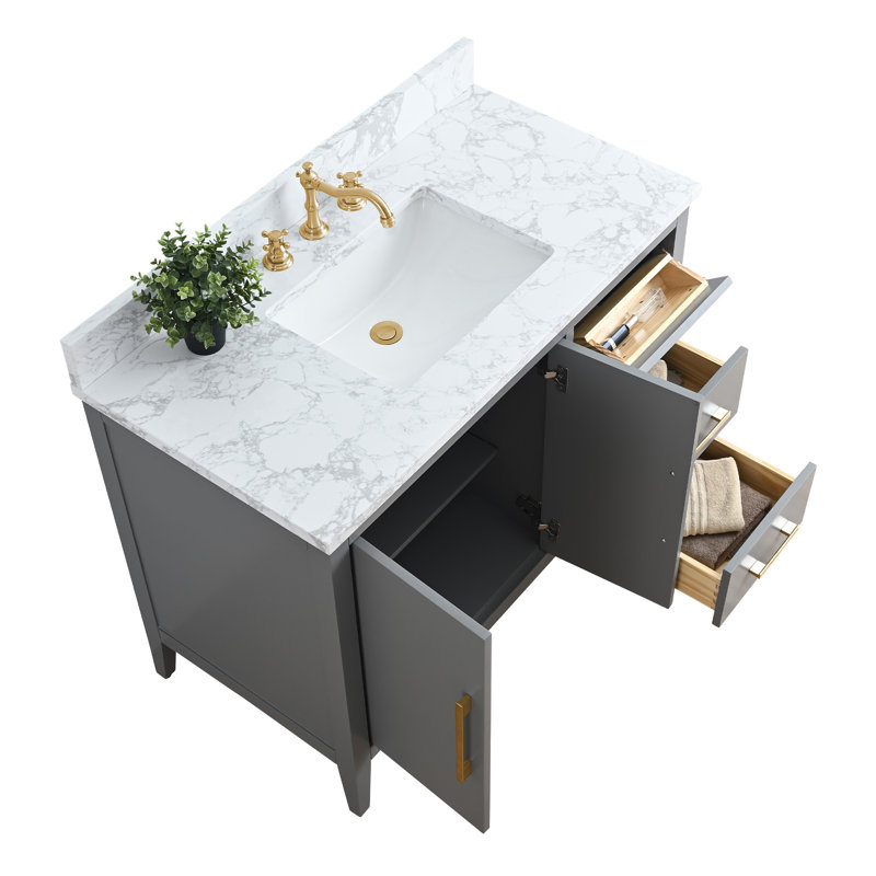 Ensemble de meuble-lavabo simple 42 po avec plateau en marbre Chambery, Doré brossé, Gris cachemire