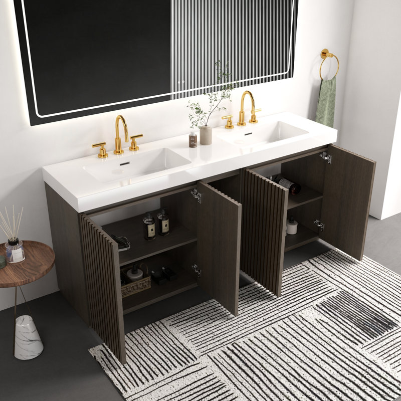 Meuble-lavabo 72 po en chêne fumé avec lavabo, grand rangement, conception autoportante pour salle de bain moderne, Blanc